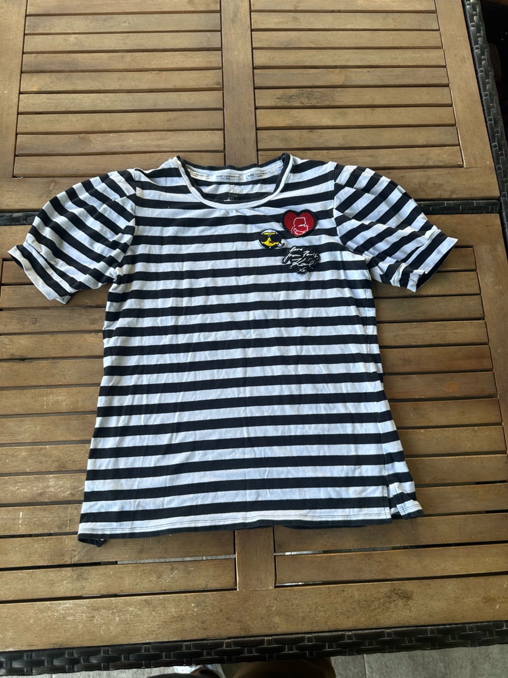 Karl Lagerfeld Black and White Striped Short-Sleeve Tee with Patch Accents